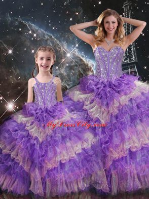 Free and Easy Beading and Ruffled Layers and Sequins Quince Ball Gowns Multi-color Lace Up Sleeveless Floor Length