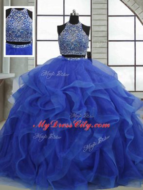 Glamorous Floor Length Royal Blue Sweet 16 Quinceanera Dress Halter Top Sleeveless Lace Up