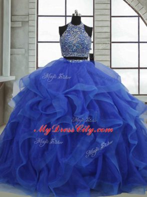 Glamorous Floor Length Royal Blue Sweet 16 Quinceanera Dress Halter Top Sleeveless Lace Up