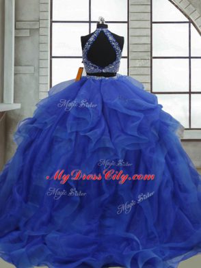 Glamorous Floor Length Royal Blue Sweet 16 Quinceanera Dress Halter Top Sleeveless Lace Up