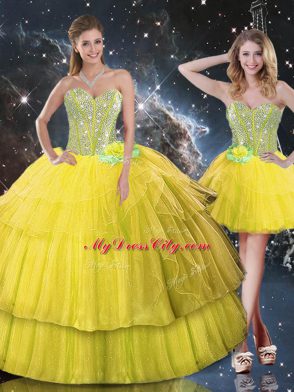 Eye-catching Gold Lace Up Sweetheart Ruffled Layers and Sequins Vestidos de Quinceanera Organza Sleeveless