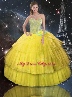 Eye-catching Gold Lace Up Sweetheart Ruffled Layers and Sequins Vestidos de Quinceanera Organza Sleeveless