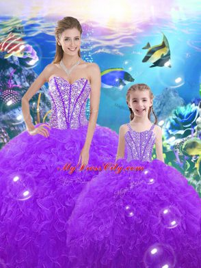 Fancy Sleeveless Organza Floor Length Lace Up Sweet 16 Dress in Purple with Beading and Ruffles