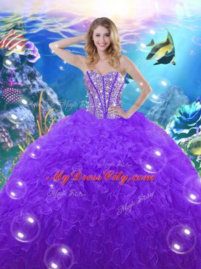 Fancy Sleeveless Organza Floor Length Lace Up Sweet 16 Dress in Purple with Beading and Ruffles