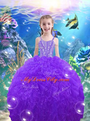 Fancy Sleeveless Organza Floor Length Lace Up Sweet 16 Dress in Purple with Beading and Ruffles