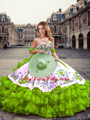 Modern Ball Gowns Organza Sweetheart Sleeveless Embroidery and Ruffled Layers Floor Length Lace Up 15 Quinceanera Dress