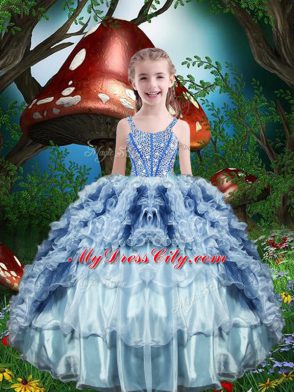 Floor Length Baby Blue Pageant Gowns For Girls Organza Sleeveless Beading and Ruffles and Ruffled Layers