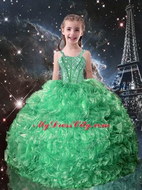 Dramatic Beading and Ruffles Party Dress for Girls Turquoise Lace Up Sleeveless Floor Length