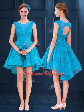 Baby Blue Satin and Lace Lace Up Wedding Party Dress Sleeveless High Low Lace