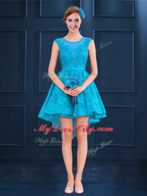 Baby Blue Satin and Lace Lace Up Wedding Party Dress Sleeveless High Low Lace