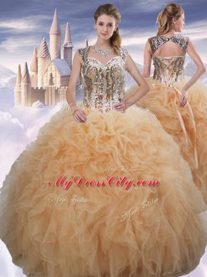 Sleeveless Organza Floor Length Lace Up Sweet 16 Dresses in Champagne with Beading and Ruffles