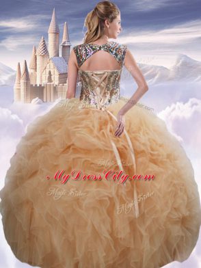 Sleeveless Organza Floor Length Lace Up Sweet 16 Dresses in Champagne with Beading and Ruffles