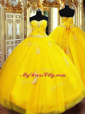 Floor Length Lace Up Quinceanera Gowns Gold for Military Ball and Sweet 16 and Quinceanera with Beading and Appliques