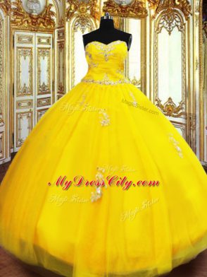 Floor Length Lace Up Quinceanera Gowns Gold for Military Ball and Sweet 16 and Quinceanera with Beading and Appliques