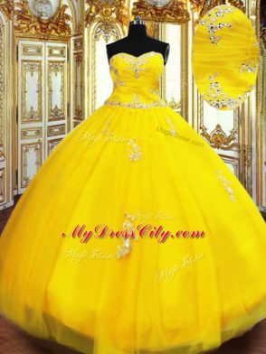 Floor Length Lace Up Quinceanera Gowns Gold for Military Ball and Sweet 16 and Quinceanera with Beading and Appliques
