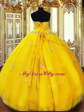 Floor Length Lace Up Quinceanera Gowns Gold for Military Ball and Sweet 16 and Quinceanera with Beading and Appliques