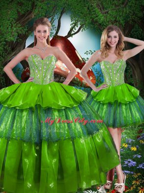 Olive Green Sweetheart Lace Up Beading and Ruffled Layers Quinceanera Gown Sleeveless