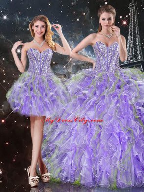 Suitable Lavender Sleeveless Beading and Ruffles Floor Length Quinceanera Gown