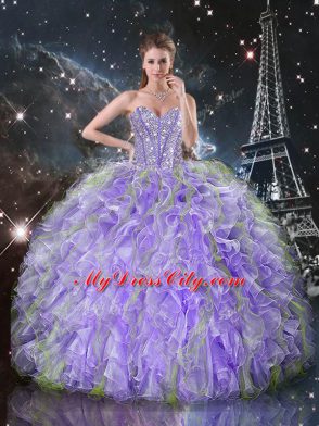 Suitable Lavender Sleeveless Beading and Ruffles Floor Length Quinceanera Gown