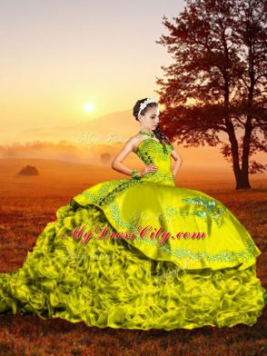 Yellow Green Sweet 16 Dresses Sweetheart Sleeveless Brush Train Lace Up