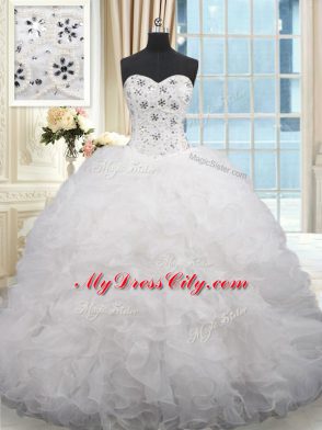 White Sleeveless Brush Train Beading and Ruffles Quinceanera Gown