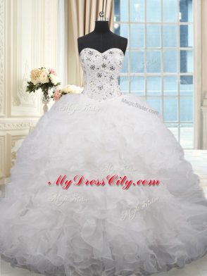 White Sleeveless Brush Train Beading and Ruffles Quinceanera Gown