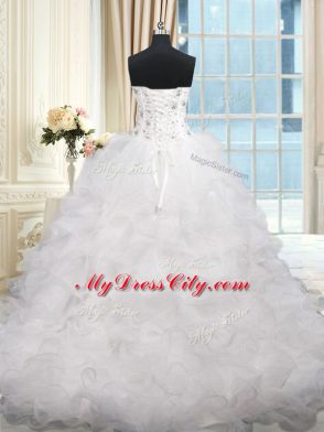 White Sleeveless Brush Train Beading and Ruffles Quinceanera Gown