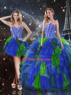 Glittering Beading and Ruffles Ball Gown Prom Dress Multi-color Lace Up Sleeveless Floor Length