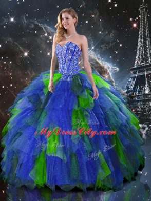Glittering Beading and Ruffles Ball Gown Prom Dress Multi-color Lace Up Sleeveless Floor Length