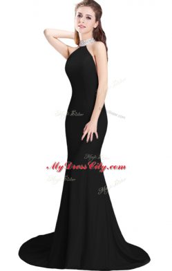 Glamorous Black Elastic Woven Satin Side Zipper Homecoming Dress Sleeveless Brush Train Beading