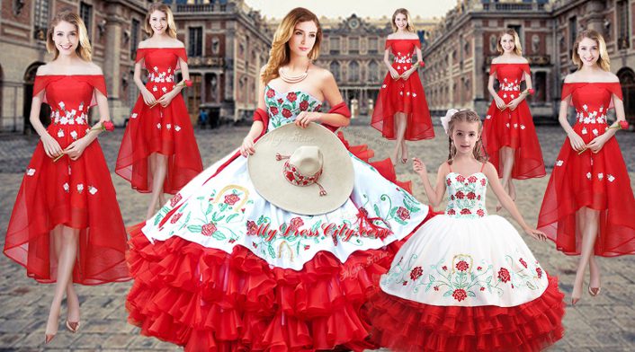 Sweetheart Sleeveless Sweet 16 Dress Floor Length Embroidery and Ruffled Layers Red Organza
