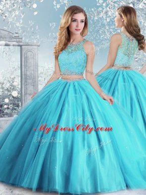 Best Selling Scoop Sleeveless Quince Ball Gowns Floor Length Beading and Sequins Aqua Blue Tulle