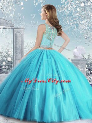 Best Selling Scoop Sleeveless Quince Ball Gowns Floor Length Beading and Sequins Aqua Blue Tulle