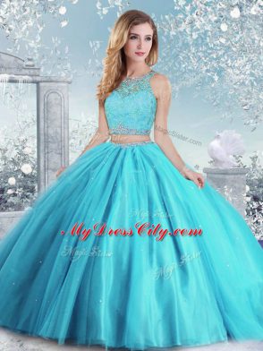 Best Selling Scoop Sleeveless Quince Ball Gowns Floor Length Beading and Sequins Aqua Blue Tulle