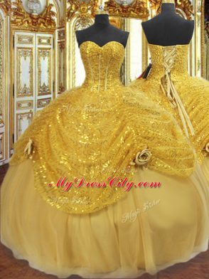 Most Popular Floor Length Gold Quince Ball Gowns Tulle Sleeveless Pick Ups and Hand Made Flower