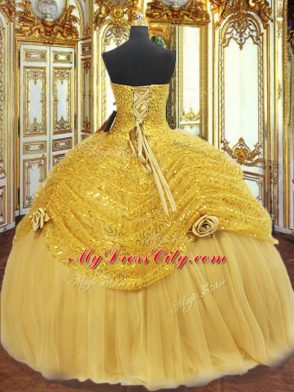 Most Popular Floor Length Gold Quince Ball Gowns Tulle Sleeveless Pick Ups and Hand Made Flower