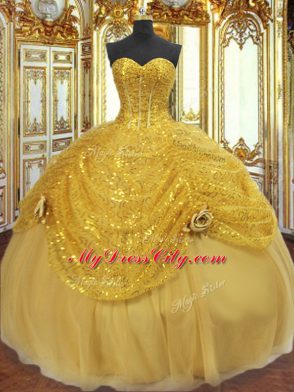 Most Popular Floor Length Gold Quince Ball Gowns Tulle Sleeveless Pick Ups and Hand Made Flower