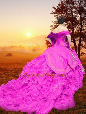 Free and Easy Fuchsia Sweetheart Neckline Embroidery and Ruffles Quinceanera Gown Sleeveless Lace Up