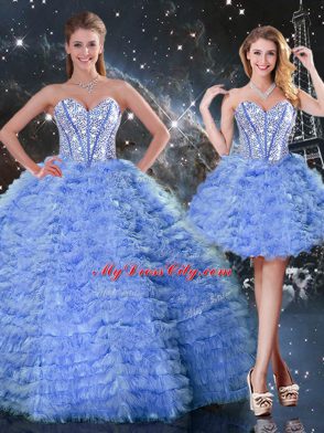 Blue Tulle Lace Up Quince Ball Gowns Sleeveless Floor Length Beading and Ruffled Layers