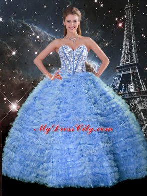 Blue Tulle Lace Up Quince Ball Gowns Sleeveless Floor Length Beading and Ruffled Layers