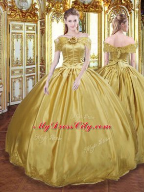 Discount Off The Shoulder Sleeveless Sweet 16 Dress Floor Length Beading and Appliques and Hand Made Flower Gold Tulle