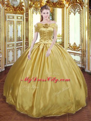 Discount Off The Shoulder Sleeveless Sweet 16 Dress Floor Length Beading and Appliques and Hand Made Flower Gold Tulle