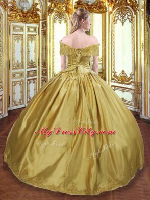 Discount Off The Shoulder Sleeveless Sweet 16 Dress Floor Length Beading and Appliques and Hand Made Flower Gold Tulle