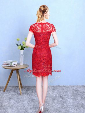 Flare Red Short Sleeves Lace Knee Length Bridesmaid Dresses