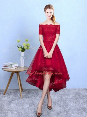 Wine Red Off The Shoulder Neckline Appliques Dama Dress Short Sleeves Lace Up