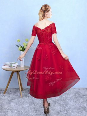 Wine Red Off The Shoulder Neckline Appliques Dama Dress Short Sleeves Lace Up