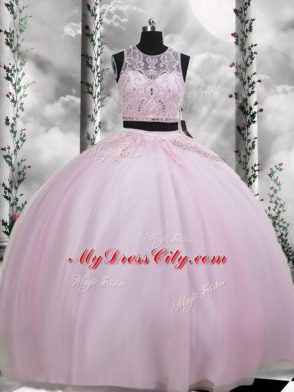 Baby Pink Two Pieces Beading and Appliques Vestidos de Quinceanera Zipper Tulle Sleeveless Floor Length