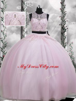 Baby Pink Two Pieces Beading and Appliques Vestidos de Quinceanera Zipper Tulle Sleeveless Floor Length