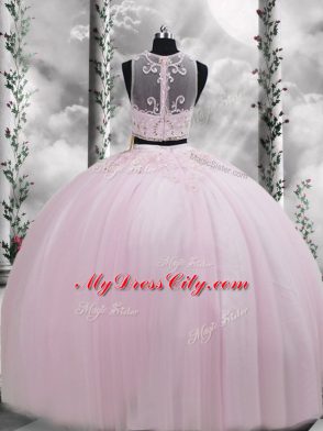 Baby Pink Two Pieces Beading and Appliques Vestidos de Quinceanera Zipper Tulle Sleeveless Floor Length