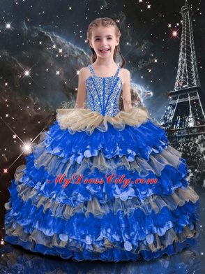 Sleeveless Floor Length Beading and Ruffled Layers Lace Up Party Dress for Toddlers with Multi-color